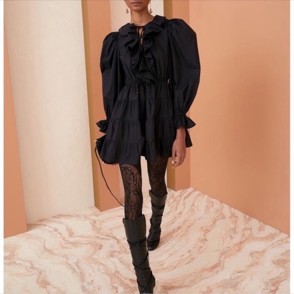 Ulla Johnson Mini Long Puff-Sleeve Ruffle Caris Dress Sz M/8 - Picture 2 of 4